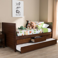 Baxton Studio MG8006-Walnut-Twin Linna Modern and Contemporary Walnut Brown-Finished Daybed with Trundle